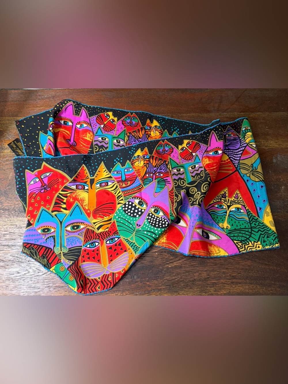 Laurel Burch Silk Cat Scarf Multicolor Rectangle
